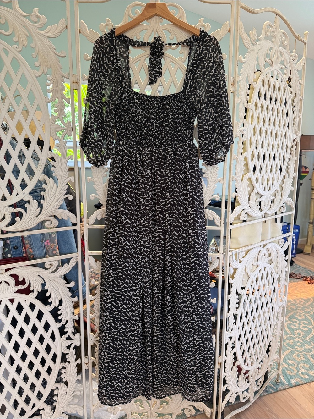 Nasty Gal Black & White Smocked Maxi Dress with Puff Sleeves